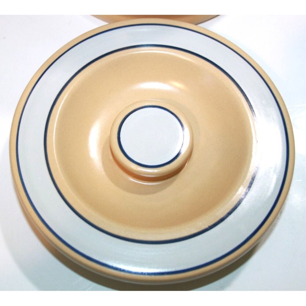 Home Yellow Ware Banded Canister Lid Blue White Stripe Storage Farmhouse 9” - Picture 5 of 9